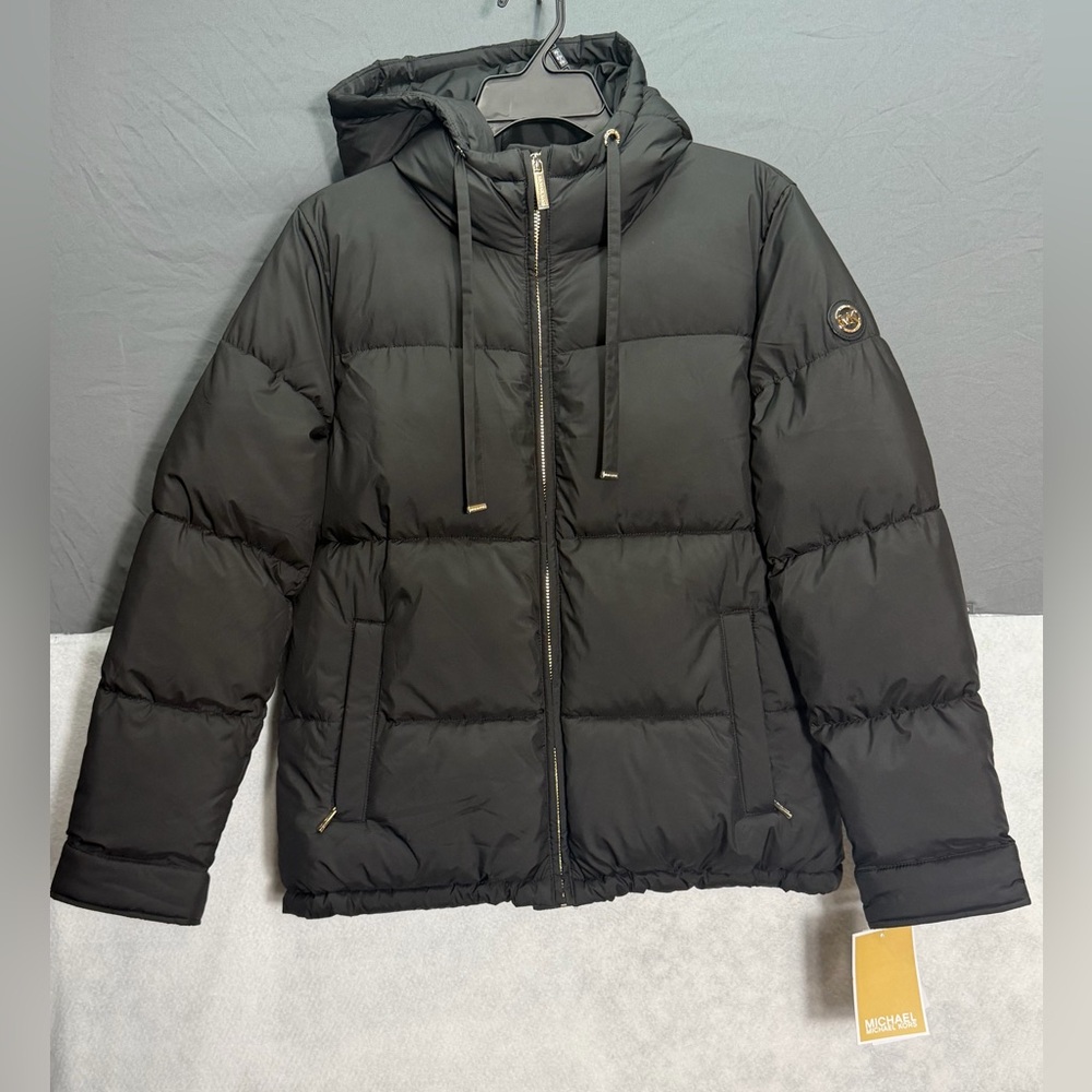 Michael Kors Black Puffer Jacket Hooded Women’s Size S Gold Zip NWT